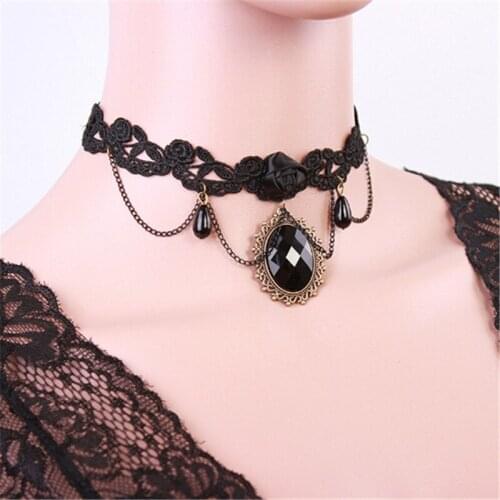 Hot Fashion Neck Choker Lace Necklace Rose Design Black Resin Stone Charm Pendant Couples Jewelry Christmas For Lady Gifts