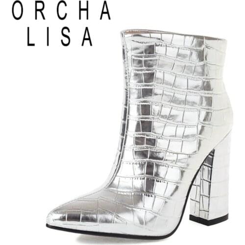 ORCHA LISA 2021 Autumn Fashion Boots Alligator Texture Pointed Toe Short Plush Slip On 10.5cm Chunky Heel US12 White Gold A4347
