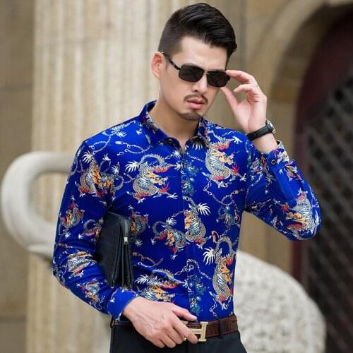 Free shipping mens gold velvet clothes shirt male autumn male dragon patterns velvet dress shirt long sleeve