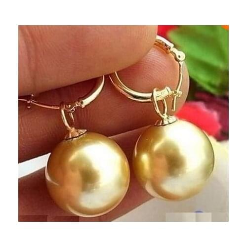 HUGE 16MM GOLD ROUND AAA++ SOUTH SEA SHELL PEARL DANGLE EARRING >Lovely Fine Nobility Ladys Womens Earrings