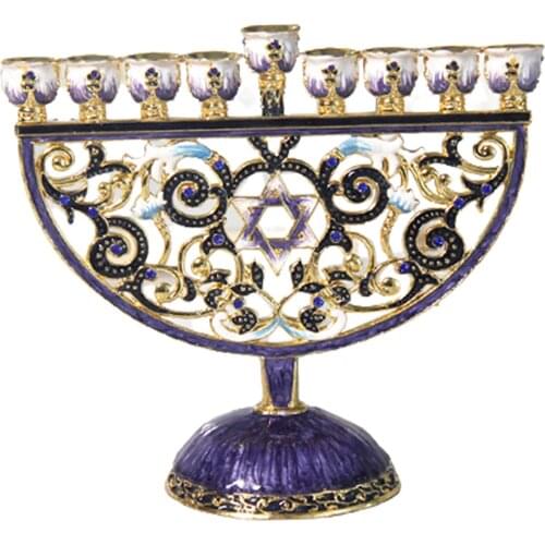 9 Branch Menorah Candlestick Holder Crystal Rhinestones Bejeweled Hand Painted Flower Pattern Candelabra