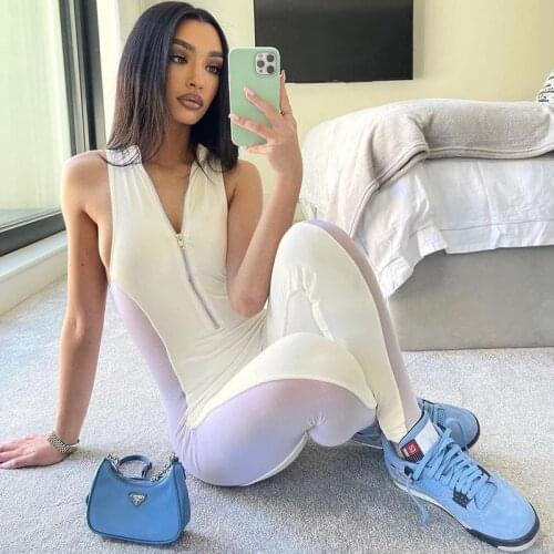 Sexy Women Jumpsuit Sheer Mesh Front Zipper Sleeveless Party Night Clubwear Long Romper Women Jumpsuit Outfit