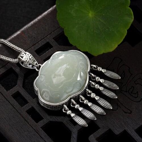 Silver S925 Pure Silver Antique Mosaic And Tian Yu White Jade Copper Coin, Like Lady Tassel, Long Pendant Wholesale