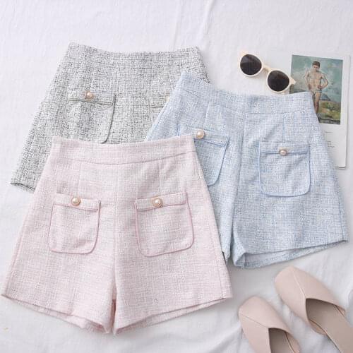 Fashion Sweet Double Pockets High Waist Woolen Shorts For Women New Autumn Winter All-Match Wide Leg Ladies Office Shorts C7574