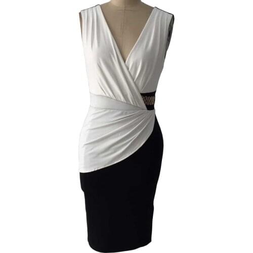 Sexy Bandage Dress 2017 New Fashion Black White Patchwork Buckle Midi Bodycon Dress Women Casual Office Work Party Dress C1859