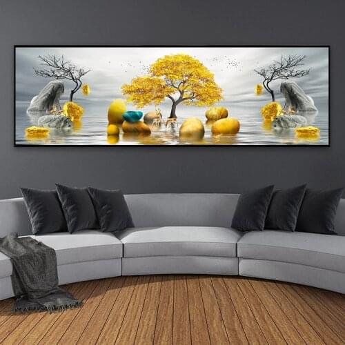 Modern Golden Abstract Art Golden Tree and Stone Pictures Painting Wall Art for Living Room Home Decor Canvas Wall Art