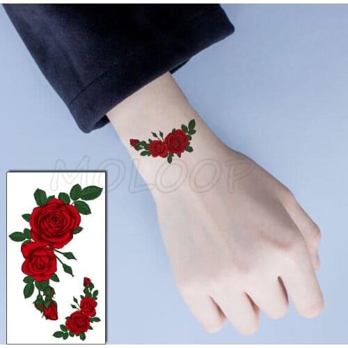 Red Rose Bud Leaf Plant Temporary Tattoo Sticker Fake Tattoos for Kids Women Men Body Makeup Waterproof Stickers