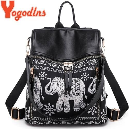 Yogodlns National Style Elephant Backpacks PU Leather Large Capacity Travel Rucksack Fashion Anti-theft School Bag Oxford Bolso