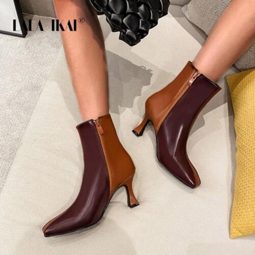 LALA IKAI Womens Ankle Boots Sexy Color Matching Short Tube Stiletto Boot ZIP 2020 Splice Boots Female Autumn Winter XWC10374-4