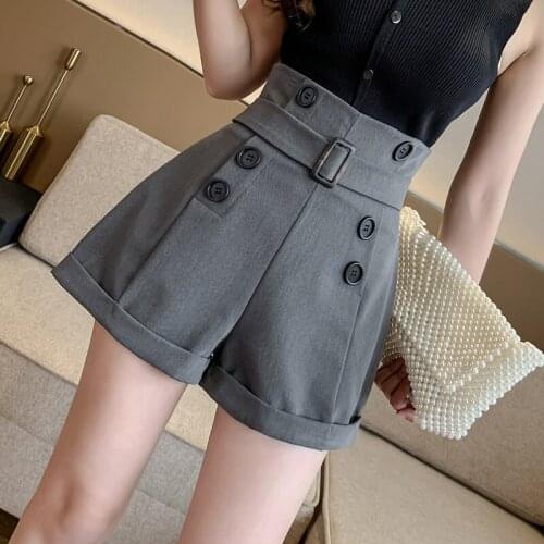Summer Korean Style 2021 Women High Waisted Double Breasted Grey Black Shorts , Female Woman Roll Up Fashion Shorts