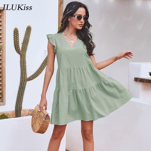 Summer Cotton Sleeveless Midi Dress Women Pink Green V Neck 2021 Fashion Ruffles Loose Dresses For Women Casual Ladies Clothes
