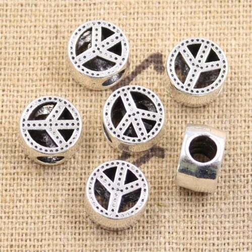 15pcs 11x7x11mm Peace Symbol 4.5mm Big Hole Bead Charm Fits Antique Silver Color Charm Bracelets Wholesale