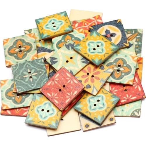 50pcs 25mm Vintage Pattern Mixed Wooden Buttons Square 2 Hole Sewing Button for Clothing Scrapbooking Craft DIY Sew Accessory