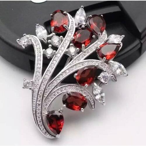 Natural red garnet brooch S925 silver Natural gemstone brooch Pendant trendy Elegant flowers women party fine jewelry