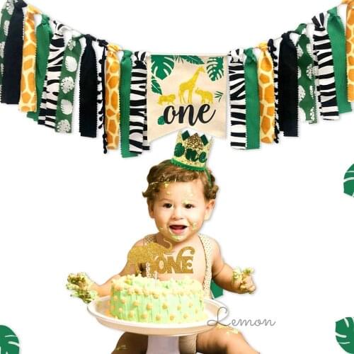 High Chair Banner Sateen Linen Baby Birthday Party Theme Flag Room Fabric Garland Cake Smash Photo Decoration Green Gold