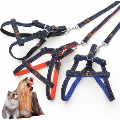 Double Layer Denim Fabric Jean Collar Harness Leashes Pet Harness Set Lead Leash Training Walking Belt Dog Safely Leashes
