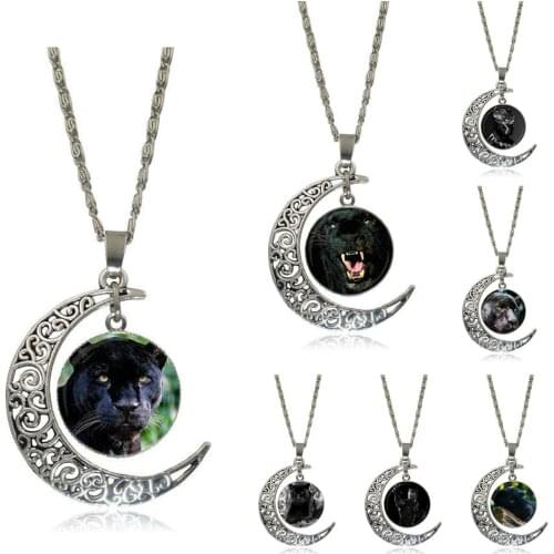 EJ Glaze Black Panther Logo For Kids Beads Glass Cabochon Choker Moon Pendant Necklace Silver Color Jewelry