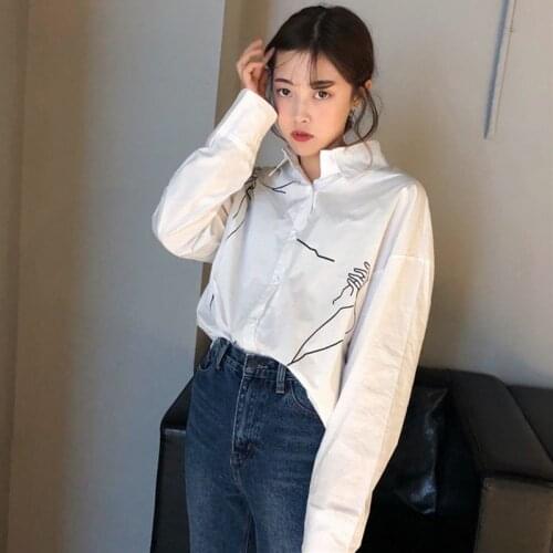 Hot Sale Womens Loose Graffiti Print Single-breasted Elegant Shirt Vintage Graffiti Print Lapel Long Sleeve Shirt Hot