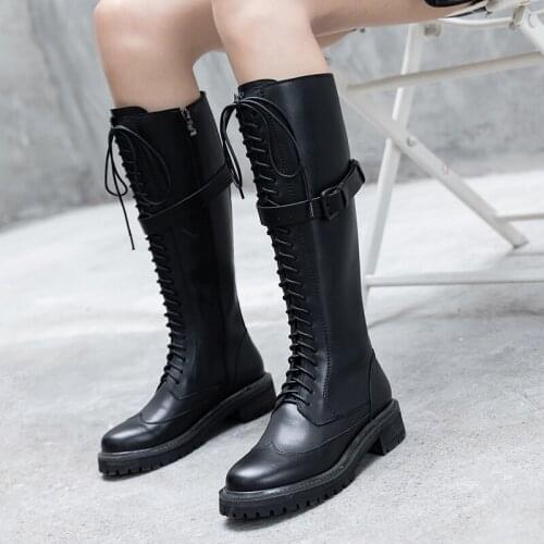 Classic Brogue Long Boots Night Club Shoes Woman Genuine Leather High Heels Women Knee High Boots Punk Motorcycle Boots