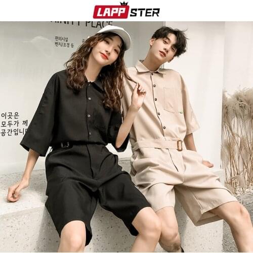 LAPPSTER Jumpsuit Men Harajuku Belt 2020 Summer Couple Women Jumpsuit Plus Size Black Cargo Overalls Pants Korean Style Fashion