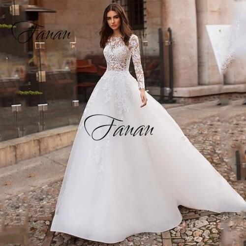 Scoop Neck Long Sleeve Lace Appliques Wedding Dresses A-Line Tulle See-Through Bridal Gown vestidos de novia Свадебное платье