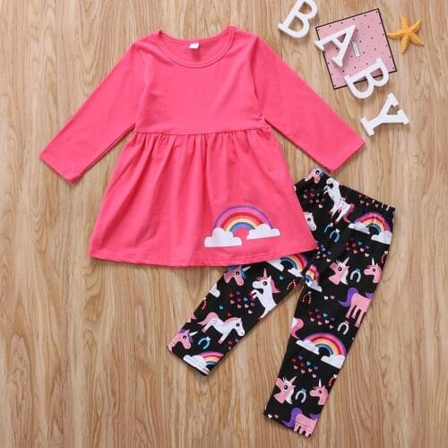 Cute Cotton Kids Baby Girl Rianbow Outfit Shirt Long Sleeve T-shirt Tops + Long Pants Jeans Clothes