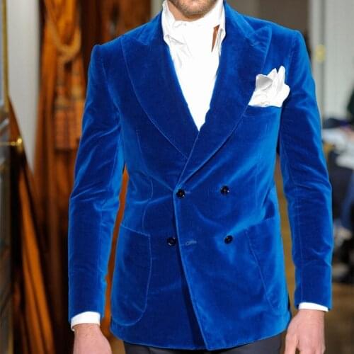 Costume Homme Royal Blue Velvet Jakcet With Black Pant Wedding Prom Groom Tuxedo Slim Fit Mens Suits 2 Pieces(Jacket+Pant)