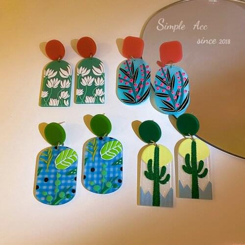 Wholesale 1 Pair 2021 Summer New Colorful Oil Painting Cactus Acrylic Earrings Long Dangle Drop Earrings for Women Jewelry Gifts