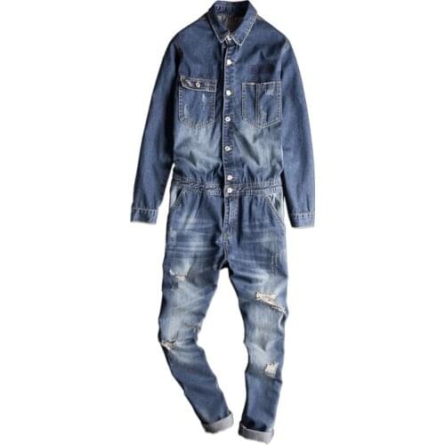 Autumn tide Mens Conjoined Denim jacket set Japanese Retro Motorcycle Tooling jumpsuit Slim Korean Hip Hop 0veralls Size XXL
