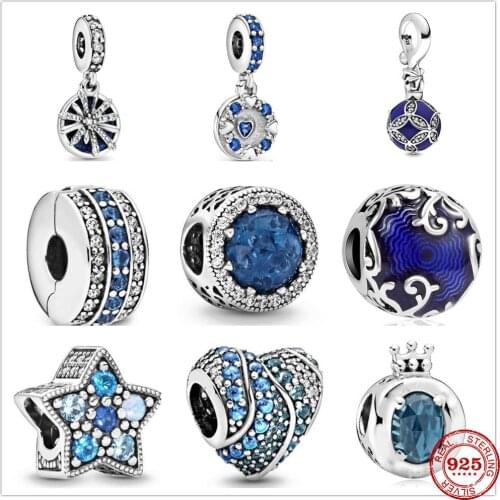 New Original silver 925 Blue Sparkling Night star heart Charm fit pandora Pan charms silver 925 beads Bracelet DIY Women Jewelry