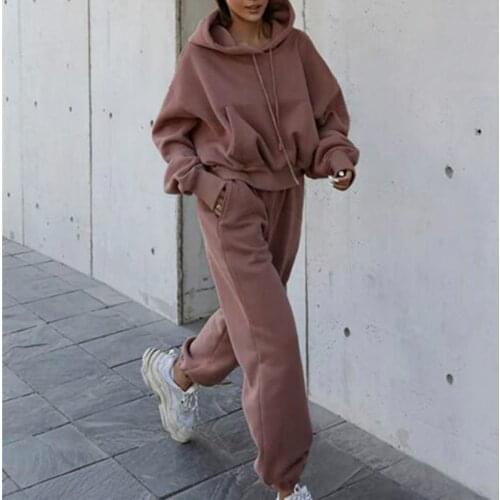 Sportswear Womens Two-piece Autumn and Winter Solid Color Hooded Oversized Sweatshirt Top Sweatpants Sports Jogging Suit Set