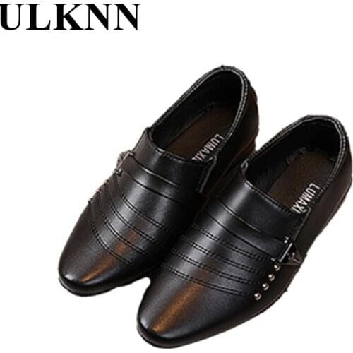 ULKNN Boys Genuine Leather Party Shoes Autumn Student Black Pointed Toe Footwears For Children Boy Fashion Comfortable Flats