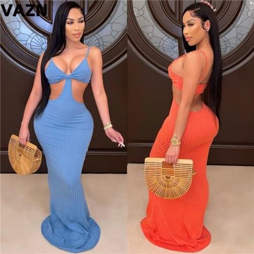 VAZN New 2021 Solid Party Sleeveless Strap Boho Dress Clear Fresh Sexy Regular Dress Women Elegant Fashion Dress Slim Dress