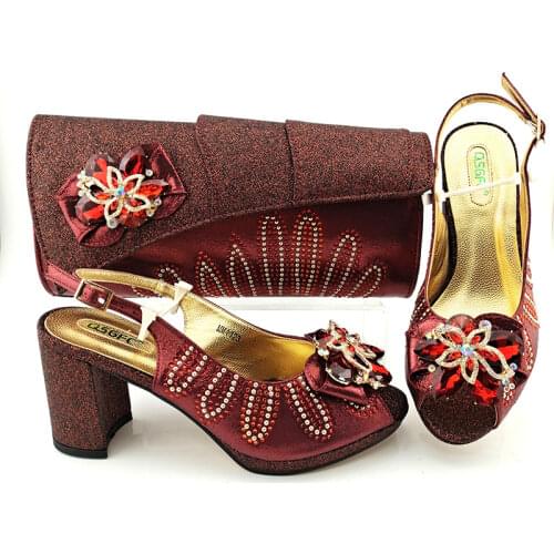 Magenta Color Ladies Italian design Shoes and Bag Set Decorated with Rhinestones Shoes and Matching Bags Party Super high heel
