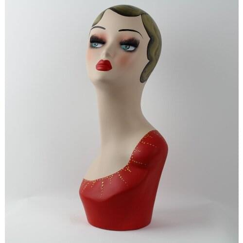 Vintage Hand Painted Female Head Mannequin With Red Cloth For Hat Jewelry Display And Decoration