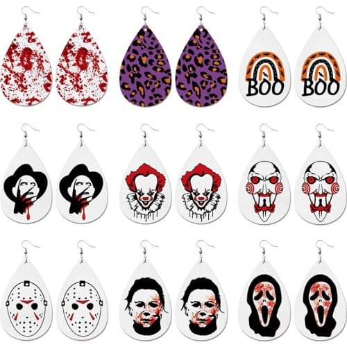 2021 Newest All Saints' Day Evening Motif Movie Character Joker Print Leather Earrings for Women Fashion Halloween Party Jewelry