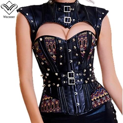 Wechery Steampunk Corset Women Sexy Gothic Corselet Leather Bustiers Vintage Gorset Hollow out Sleeveless Sexy Retro Gorset Tops