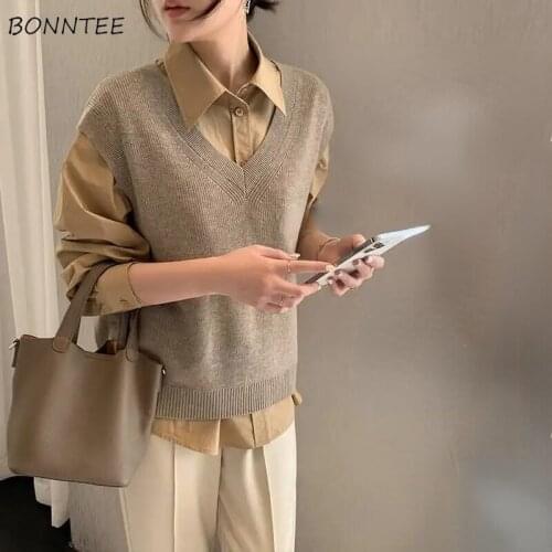 Sweater Vests Women Simple Vintage Korean Style Trendy Basic Tender Elegant Solid V-neck Autumn All-match Leisure Newest Ladies
