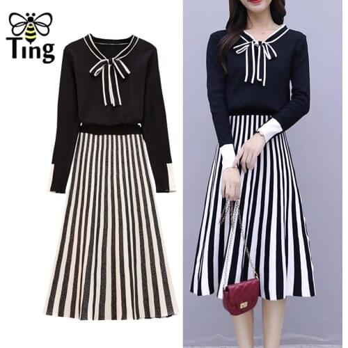 Tingfly Women Winter Autumn Knitting Pullovers Sweater + Striped Pleated A Line Skirts Women 2 pcs Sets Lady Dress Sets Fashion