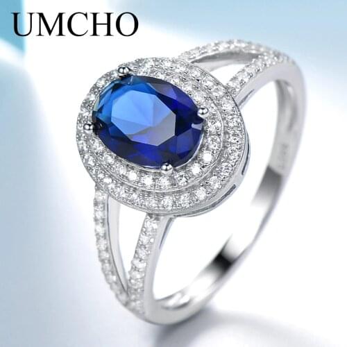 UMCHO Classic Created Blue Sapphire Jewelry Wedding Engagement 925 Sterling Silver Ring For Women Party Gift New