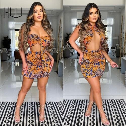 Summer Womens Dress 2021 Halter Hollow Out Sleeveless Printed Party Mini Dress Backless y2k Outfits New Year Clothes for Women