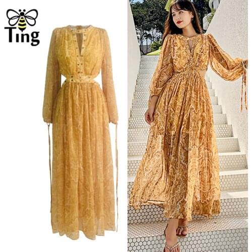 Tingfly Vintage Summer Floral Rivet Sexy Cut Out Casual Long Dress Women Street Chic Chiffon Split Dress Zaful Elbise Robes