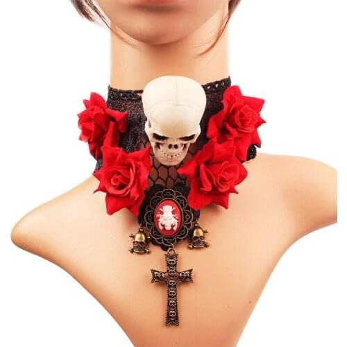 Women Halloween Vintage Horror Accessory Skull Rose Necklace Cos Ghost Vampire Corpse Costume Parts Lace Clavicular Necklace