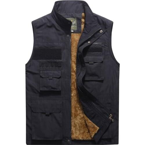 Waistcoat Casual Warmsleeveless Jacket Plus Size Mens Winter Vest Thicken Fleece Multi Pocket Mandarin Collar Photographer