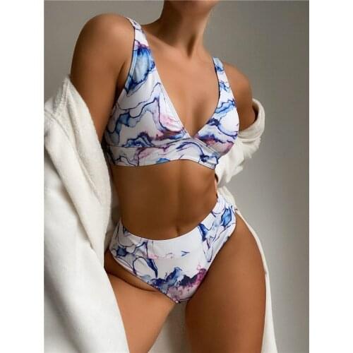 2 Pieces Biquinis Sexy Women Swimsuits Painting Bikini Set Padded Bra and Briefs High Waist Beach Swimwear Bathing Suit Summer