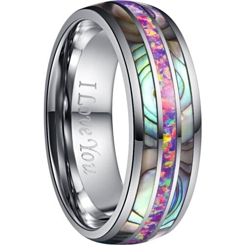 2019 8mm Dome Inlaid Acacia Purple Opal Tungsten Steel Ring For Women Mens Silver Color Engrave Love Finger Ring