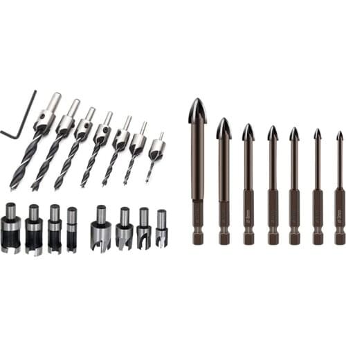 8 Pieces HSS Taper Claw Type Wood Plug Cutter Drill Bits & 7Pcs Cemented Carbide Drill Bit Tools Multifunction Bits