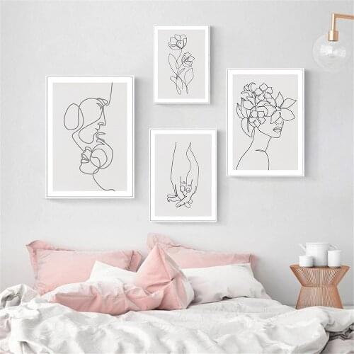 Abstract Holding Hands Line Drawing Poster Couple Face Female Body Prints Minimalist Wall Art Canvas Painting Picture Hoom Decor