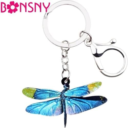 Bonsny Statement Acrylic Cartoon Blue Dragonfly Key Chains Keychain Ring Insect Jewelry For Women Girl Kid Bag Purse Charms Gift