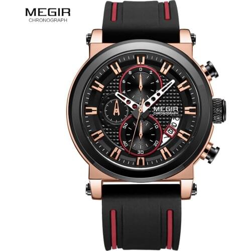 Megir Mens Military Sports Quartz Watches Silicone Strap Chronograph Army Wrist Watch Man Relogios Masculino 2100 Rose Black